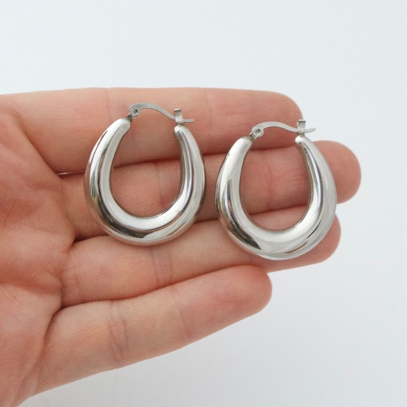Modernist Stainless Steel Hoop Earrings Large Chunky Silver Tone Hoops - Picture 4 of 5